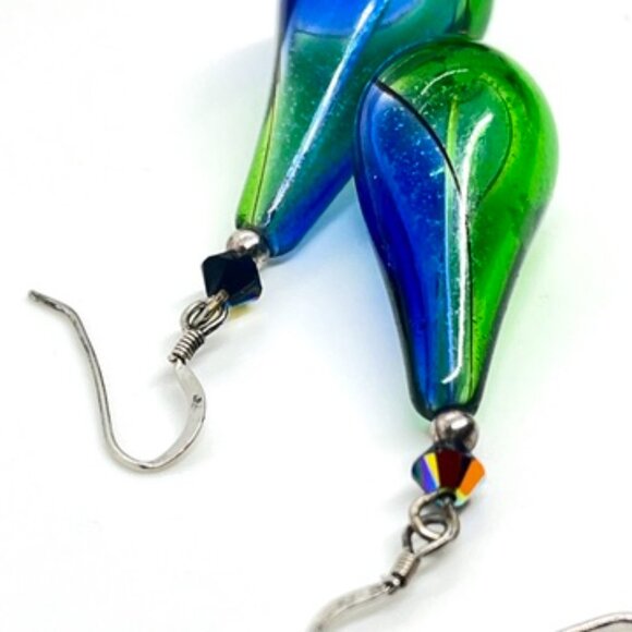 GREEN BLUE ART GLASS DROP EARRINGS STERLING 925 HOOKS HANDMADE MURANO STYLE - Picture 13 of 15
